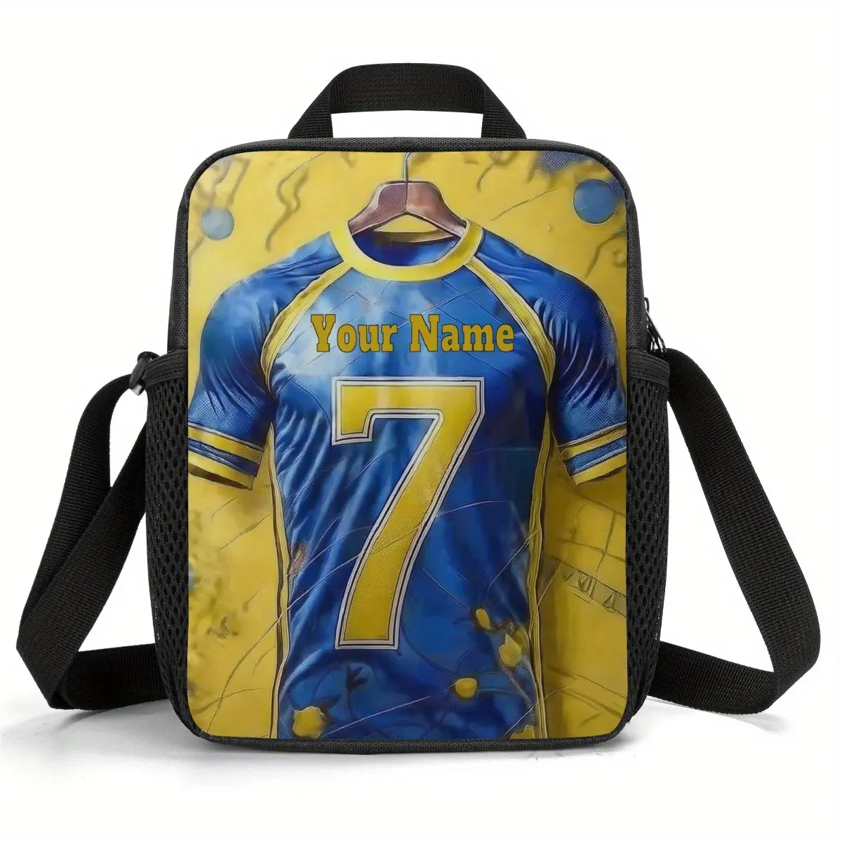Custom Name Number 7 Blue Yellow Soccer Jersey Print Insulated Lunch Bag Thermal Cooler Crossbody Tote Bag For Boys Football Fans Personalized Custom Birthday Gift