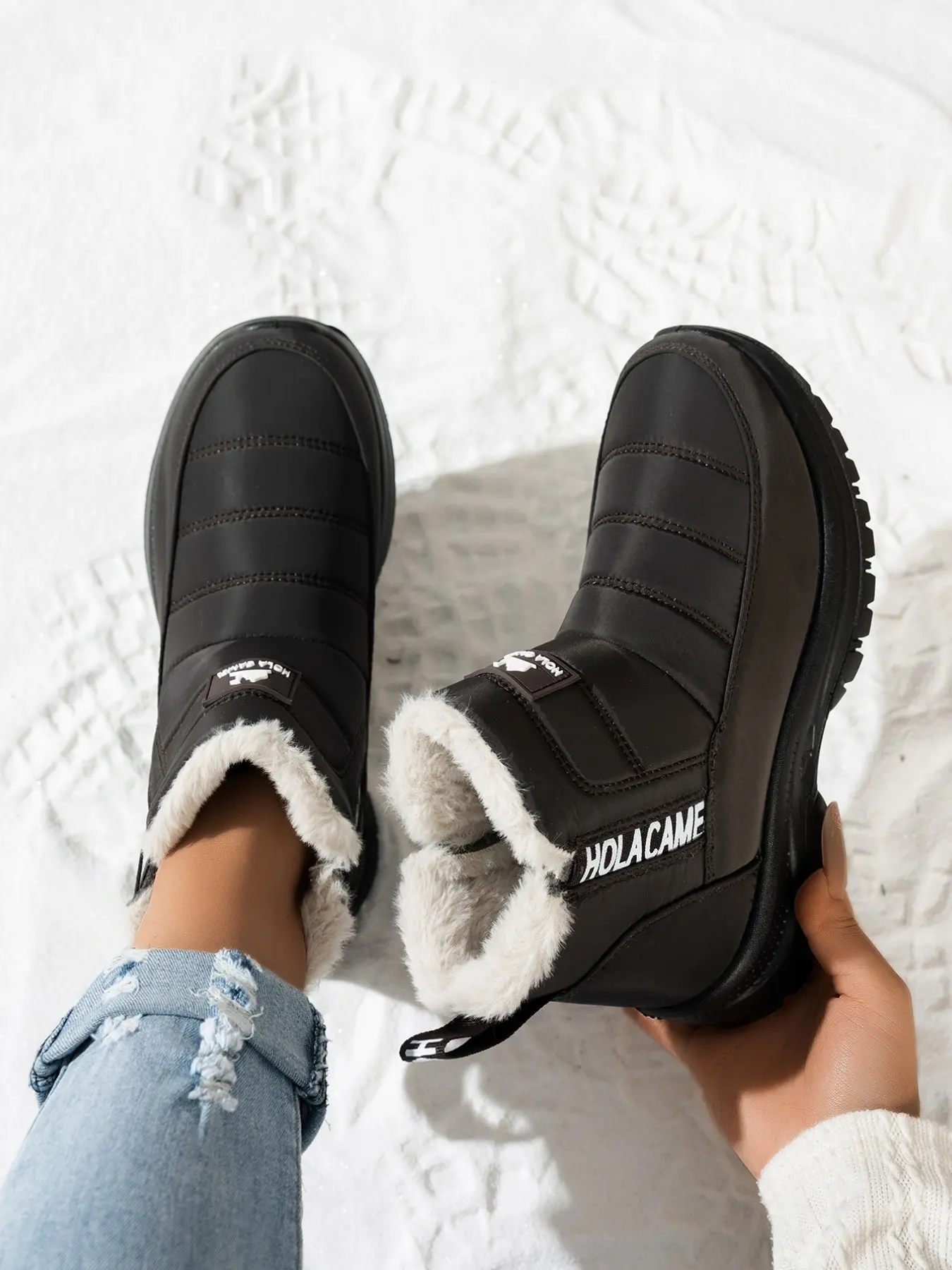 Women's Winter Waterproof Snow Boots, Ankle Snow Boot, Warm Fleece Lining, Anti-Slip Thick Sole, Outdoor Casual Slip-On Shoes, Letter Label Design, Ice Boots