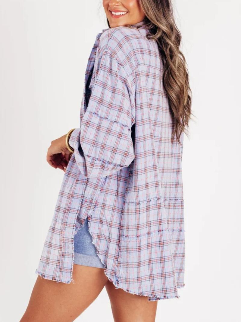Women's Autumn and Winter New Frayed Lantern Sleeve Loose Button Plaid Shirt Top Womenswear