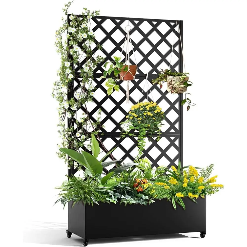 Galvanized Metal Raised Flower Bed with Diamond Lattice Trellis - 72x47in Black Above Ground Planter Box on Wheels, 12" Depth Vegetable Planter, Outdoor Garden Boxes with Drainage Holes & Secure Locks for Climbing Plants