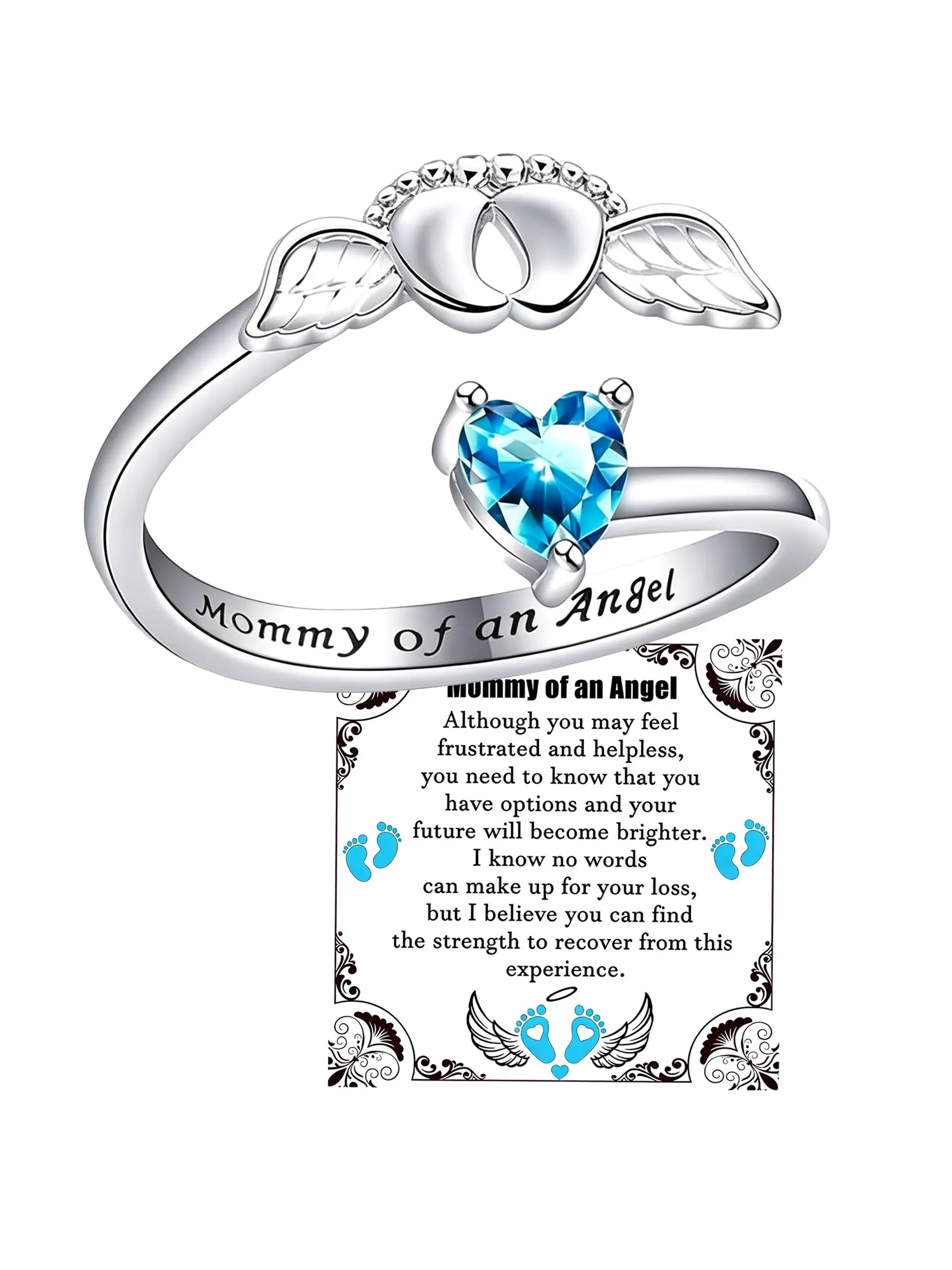 Mommy of an Angel Open Ring with Angel Wings & Baby Footprint Design, Heart Crystal Memorial Ring for Miscarriage Keepsake Gift, Sympathy Jewelry for Loss of Baby, Comes with Inspirational Message Card