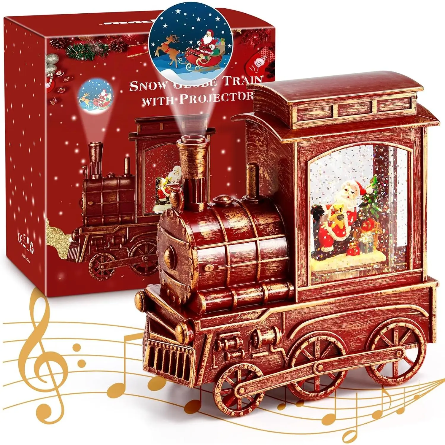 Christmas Santa Globe Lantern Train Light - Santa Sleigh Projection, Water Swirling Glitter, Musical Music Box with USB Port, USB Plug & Batteries Operated for Home Decoration, Holiday Gift
