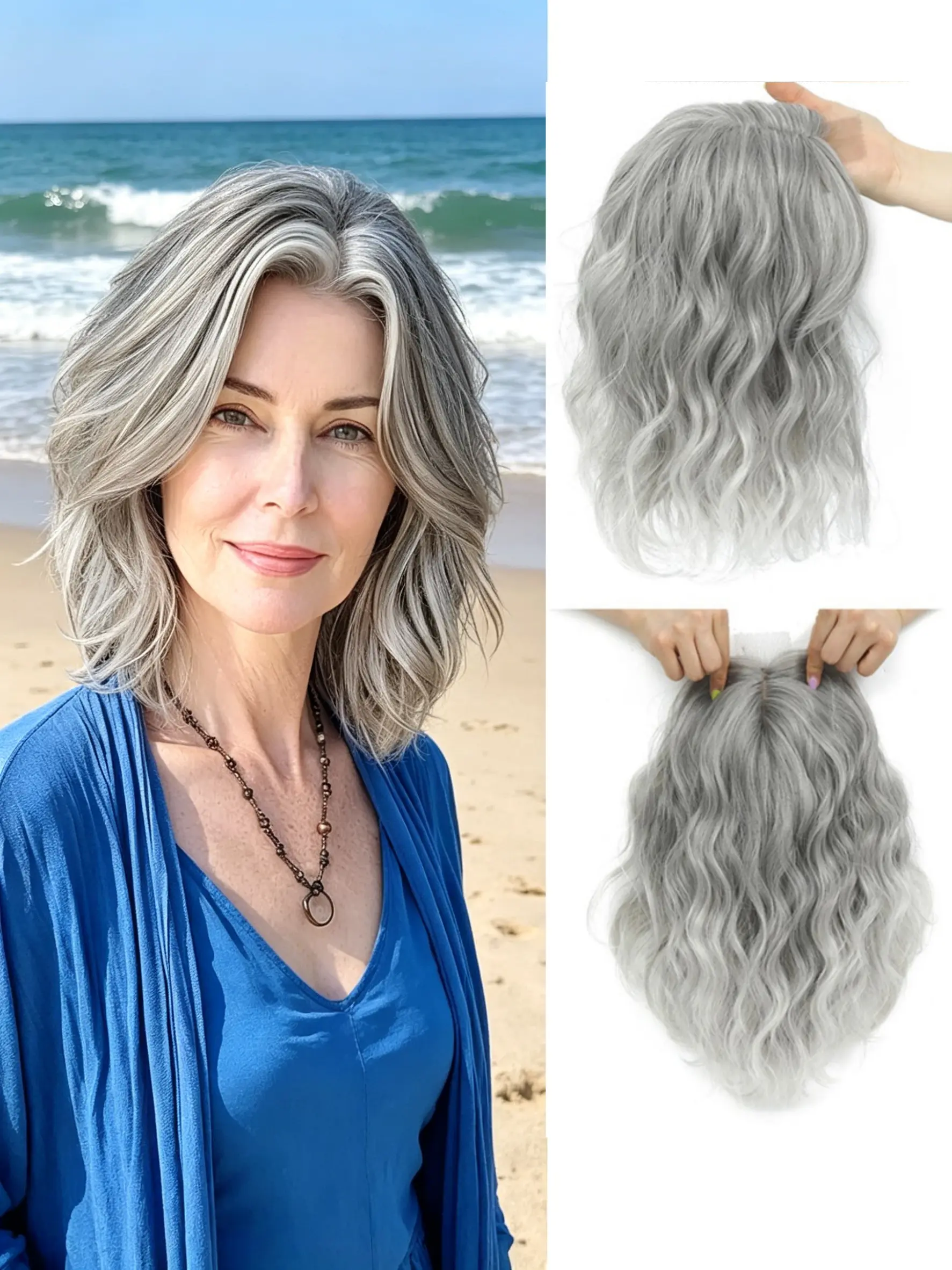 💖Silver Wavy Hair Topper for Confidence - Realistic Texture, Easy Application & All-Day Hold, Upgrade Your Gray Hair Game! Synthetic Hair Toppers