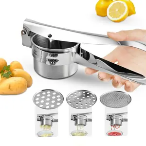 Stainless Steel Potato Ricer Masher with 3 Interchangeable Discs Heavy Duty Manual Press for Lump Free Mashed Potatoes Spaghetti Fruit Vegetable Juicer Lemon Squeezer Multi Functional Kitchen Tool Easy Squeeze Dishwasher Safe Non Slip Handle