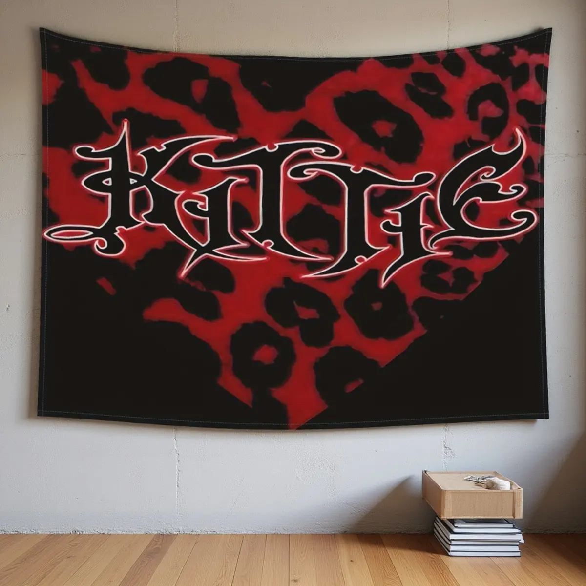Cat Band Tapestry - Bright red and black leopard print cat font design, soft polyester fabric wall decoration, suitable for rock music lovers, Decorative Tapestry