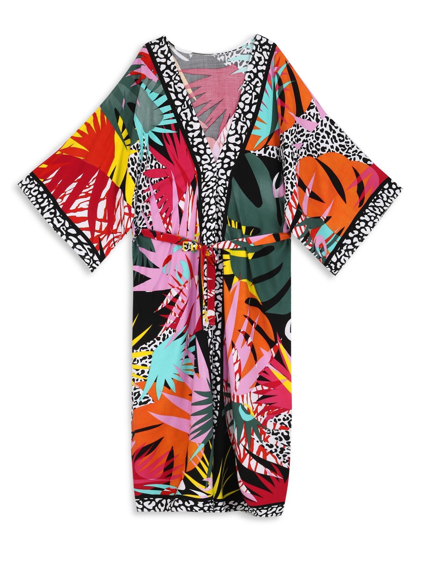 Women's Plants Print Belted Cover Up, Boho Long Sleeve Open Front Cardigan Kimono for Beach Vacation, Women's Swimwear for All Seasons, Swimsuit Cover Ups
