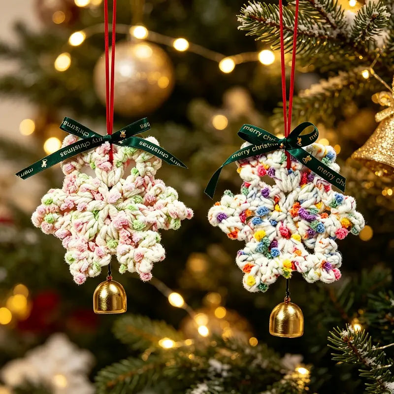 2 cute Christmas felt snowflake ornaments in a cozy fairy tale style, soft and three-dimensional with fine stitching, easy to hang, suitable for home decor, party, and window decoration, and as a gift for friends and family