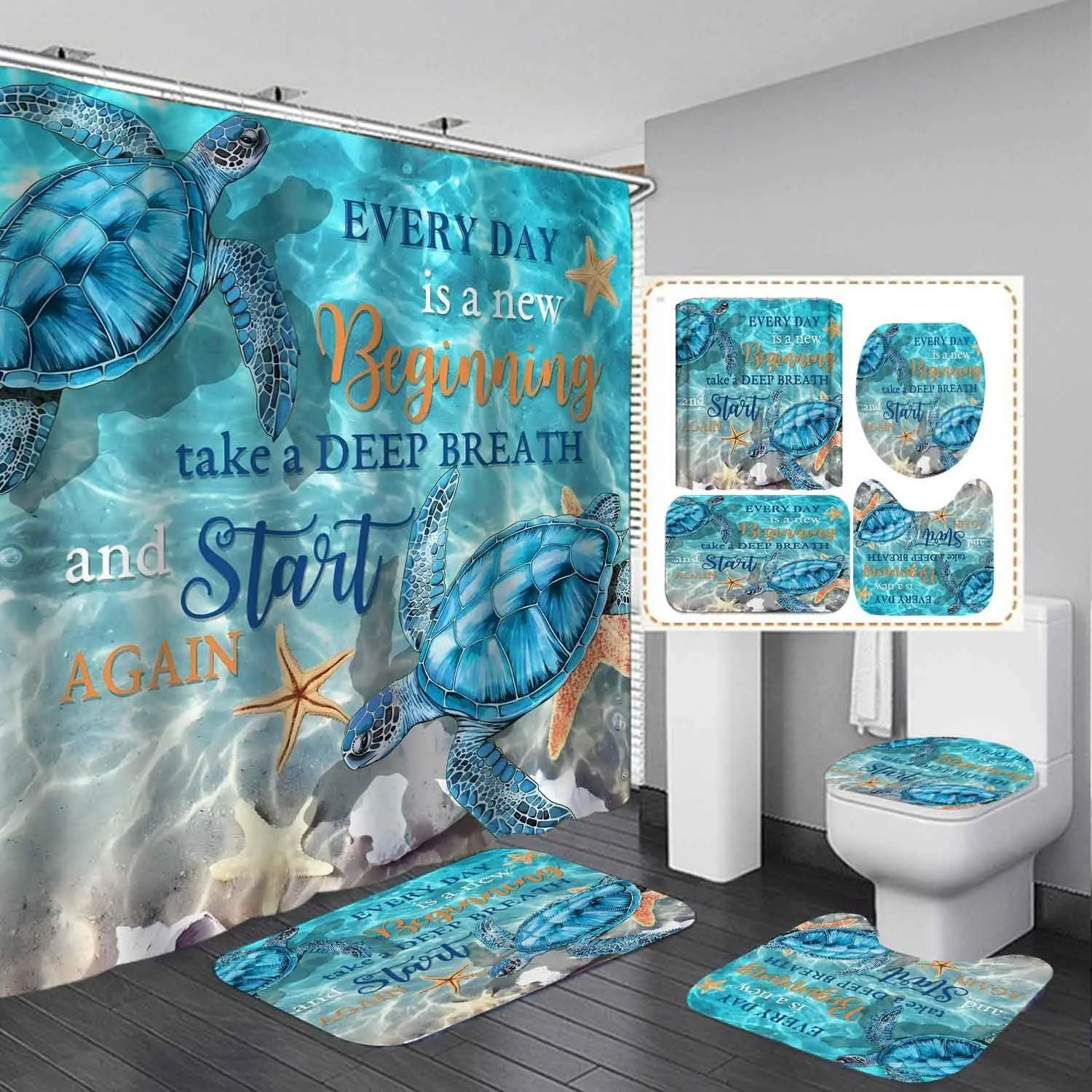 4PCS Blue Sea Turtle Shower Curtain Set with Anti-Slip Flannel Rug, Waterproof Fabric Curtain with Splash Protection, Positive Inspirational Quotes, Starfish Seashell Nautical Coastal Bathrooms Decor, Compact Roll for Daily Use