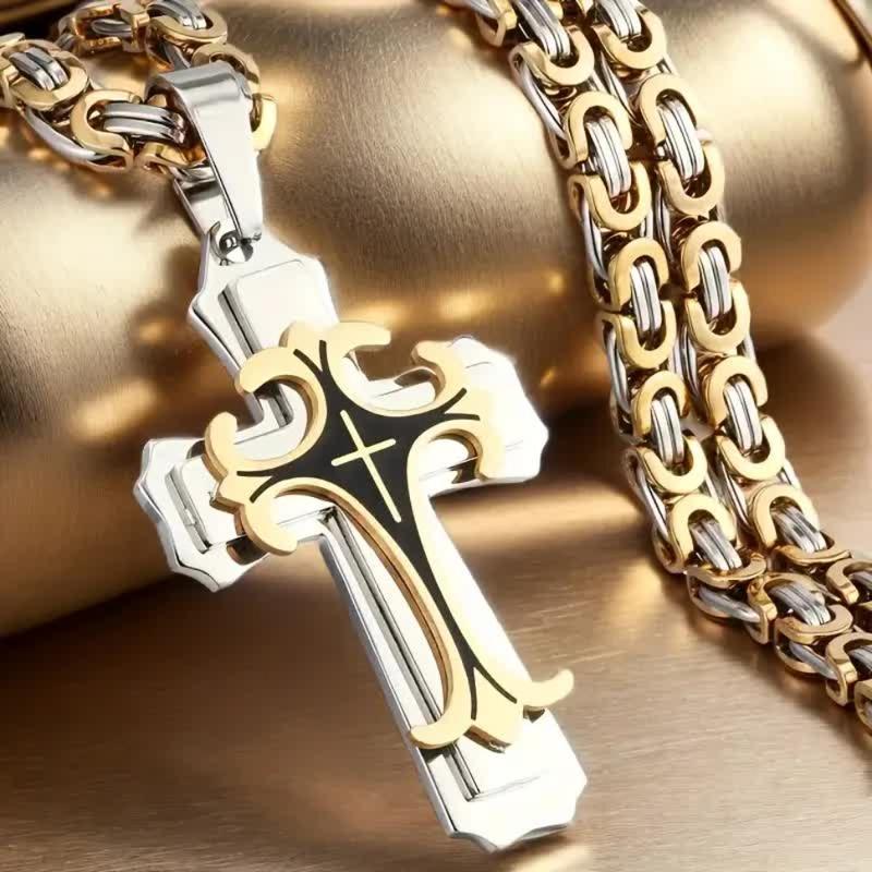 FLORIDECO Unisex Vintage Handmade Multi-layered Necklace Stainless Steel  Cross Pendant Jewelry for Youth Cuban Link Design Elegant