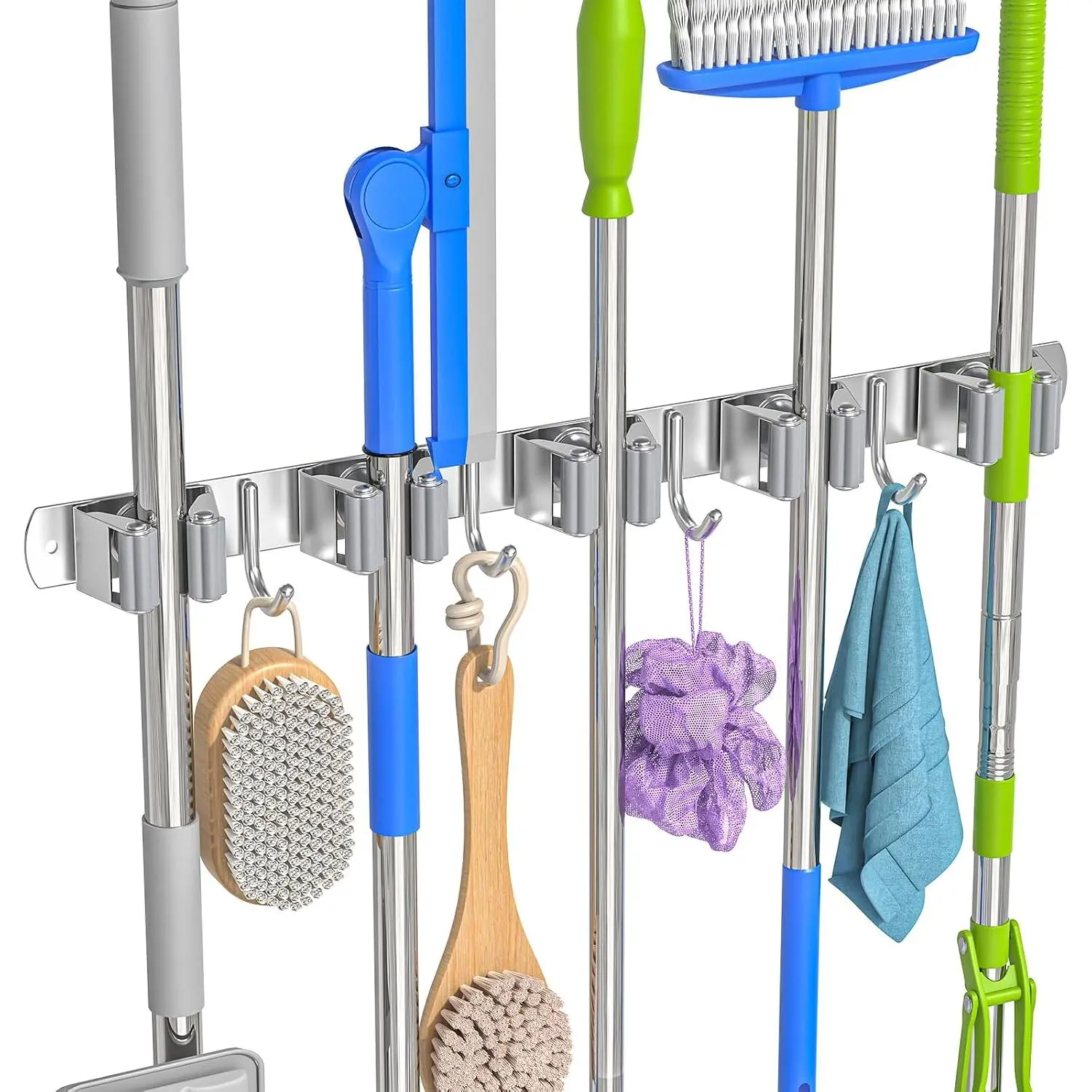 Broom Holder Wall Mount, Mop and Broom Organizer Broom Hanger Storage Tool Utility Racks Stainless Steel Wall Hooks Solid Mop Rack for  Kitchen Garden Laundry Garage (5 Racks 4 Hooks)