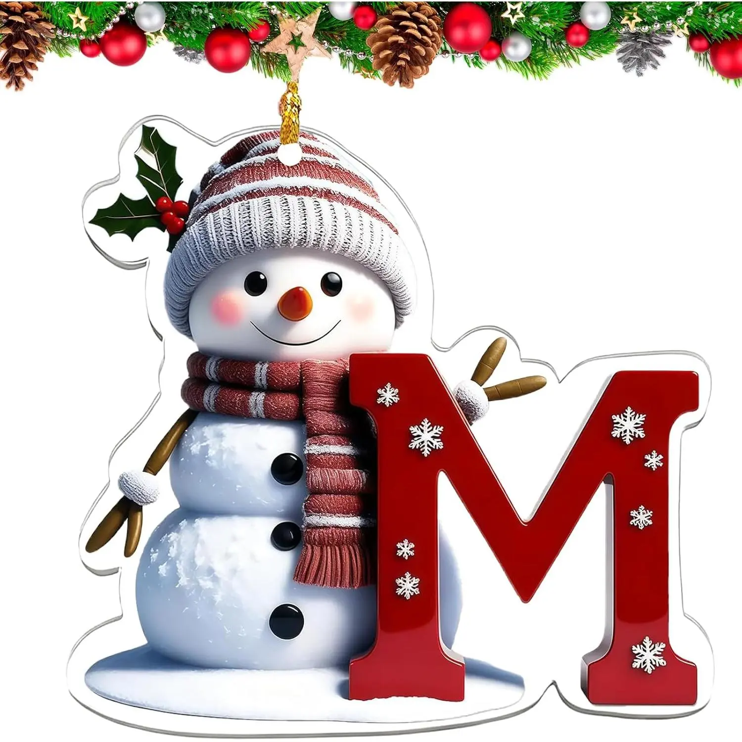 Smooth Red M Snowman Letter Ornaments - A-Z Alphabet Personalized Scarf & Hat Snowflake Decor, Modern Christmas Tree Holiday DIY Small Festive Home Supplies
