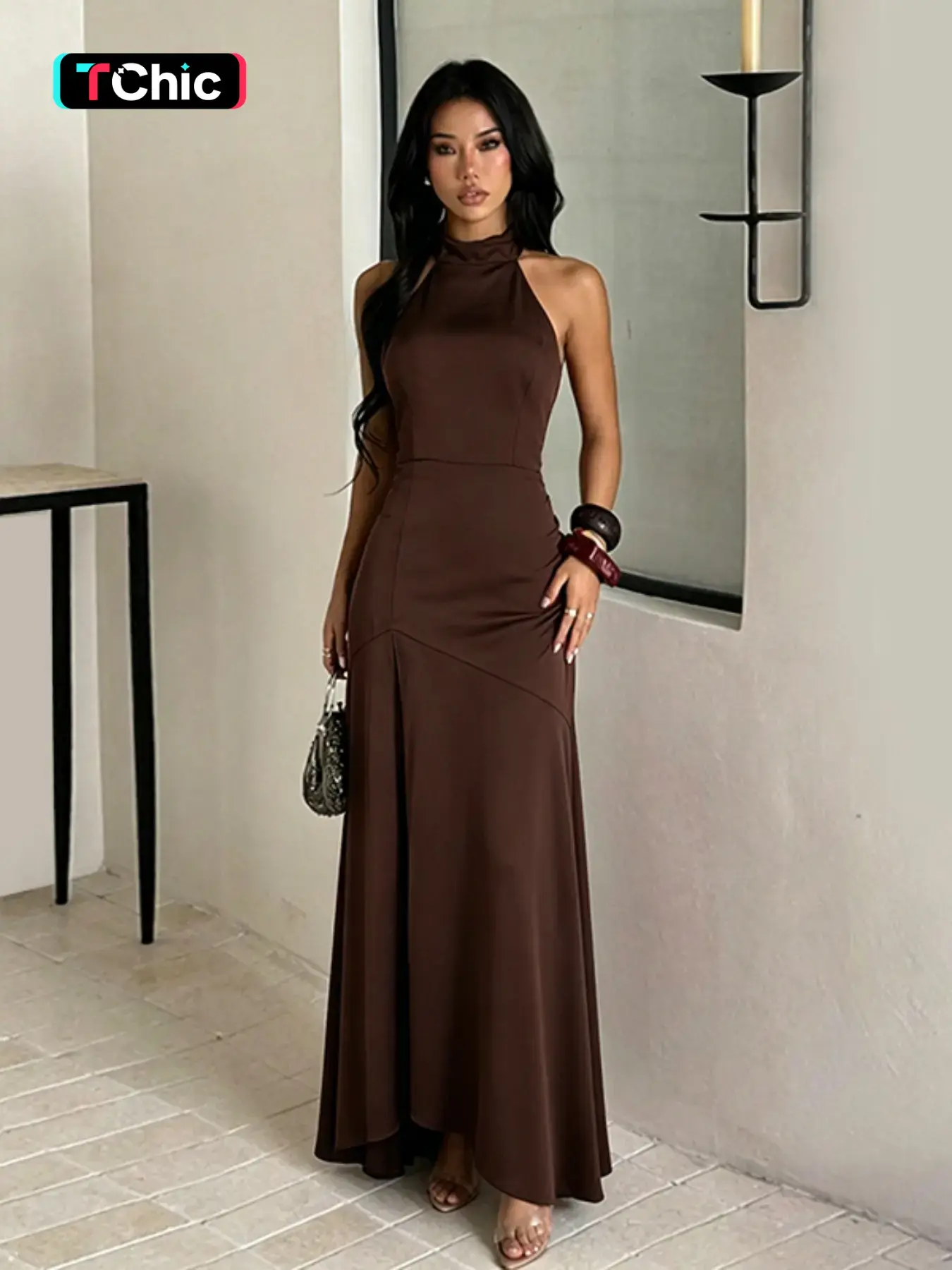 Silk Split Halter Neck Dress, Elegant Silk Material, Perfect for Special Occasions, Comfortable Fit, Timeless Design, Ideal Gift Choice