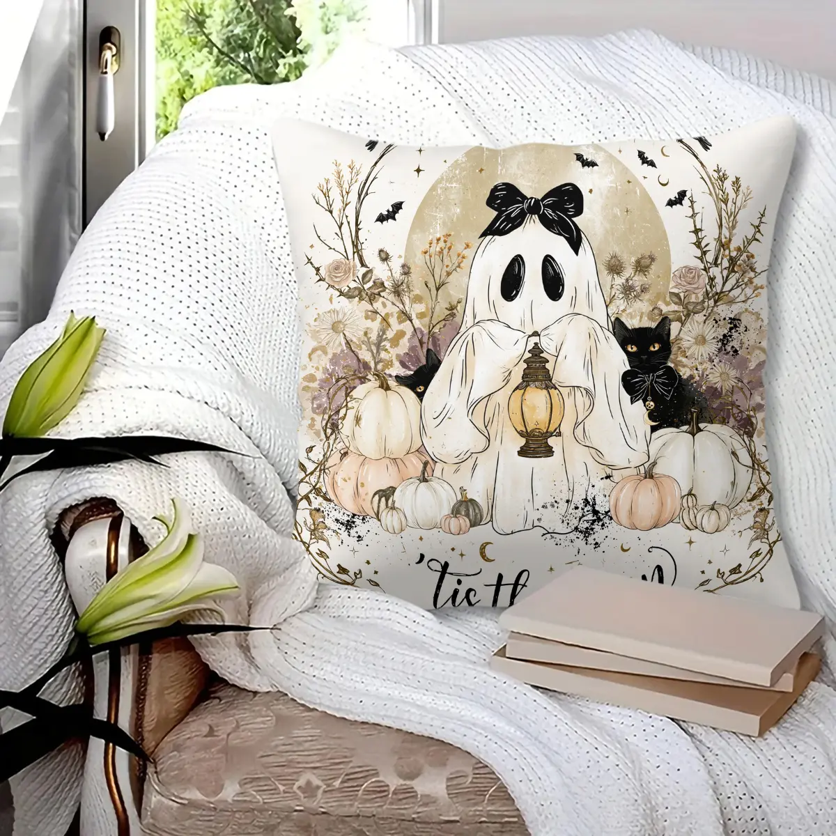 45x45cm 1Pc, Trendy Halloween Ghost Throw Pillow, with black bow, vintage lantern, black cat, pumpkin and bat print, soft fluffy durable decorative cushion, perfect for sofa, bed, bedroom and living room decoration, ideal halloween holiday gift