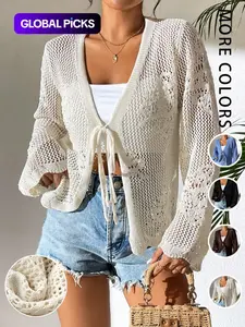 Women's Fitted Plain Sheer Tie Front Knitting Cardigan, Casual Elegance Long Sleeve Cardigan for Daily Wear, Ladies Knitwear for All Seasons, Womenswear