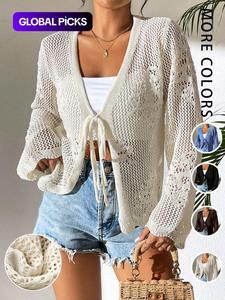 women's plain sheer tie front knitting sweater cardigan, casual long sleeve cardigan for daily wear, ladies knitwear for all seasons, womenswear, longsleeves knitted shirt