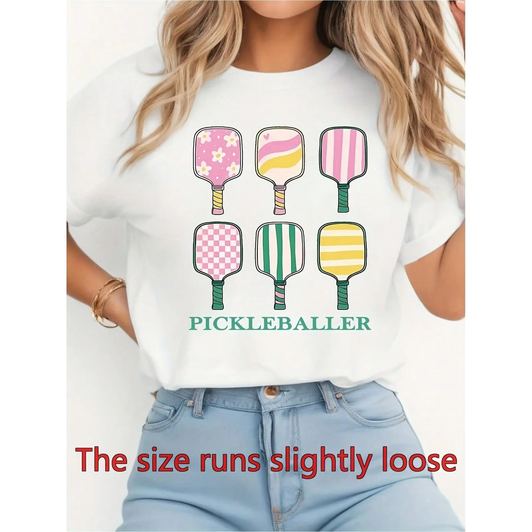 Women's Short-Sleeve Cotton Pickleball Tee - Pastel Racket Pattern, Crew Neck, Opaque Regular Fit, Breathable Fabric, Machine Washable Athleisure Sport Top for Casual Daily Use