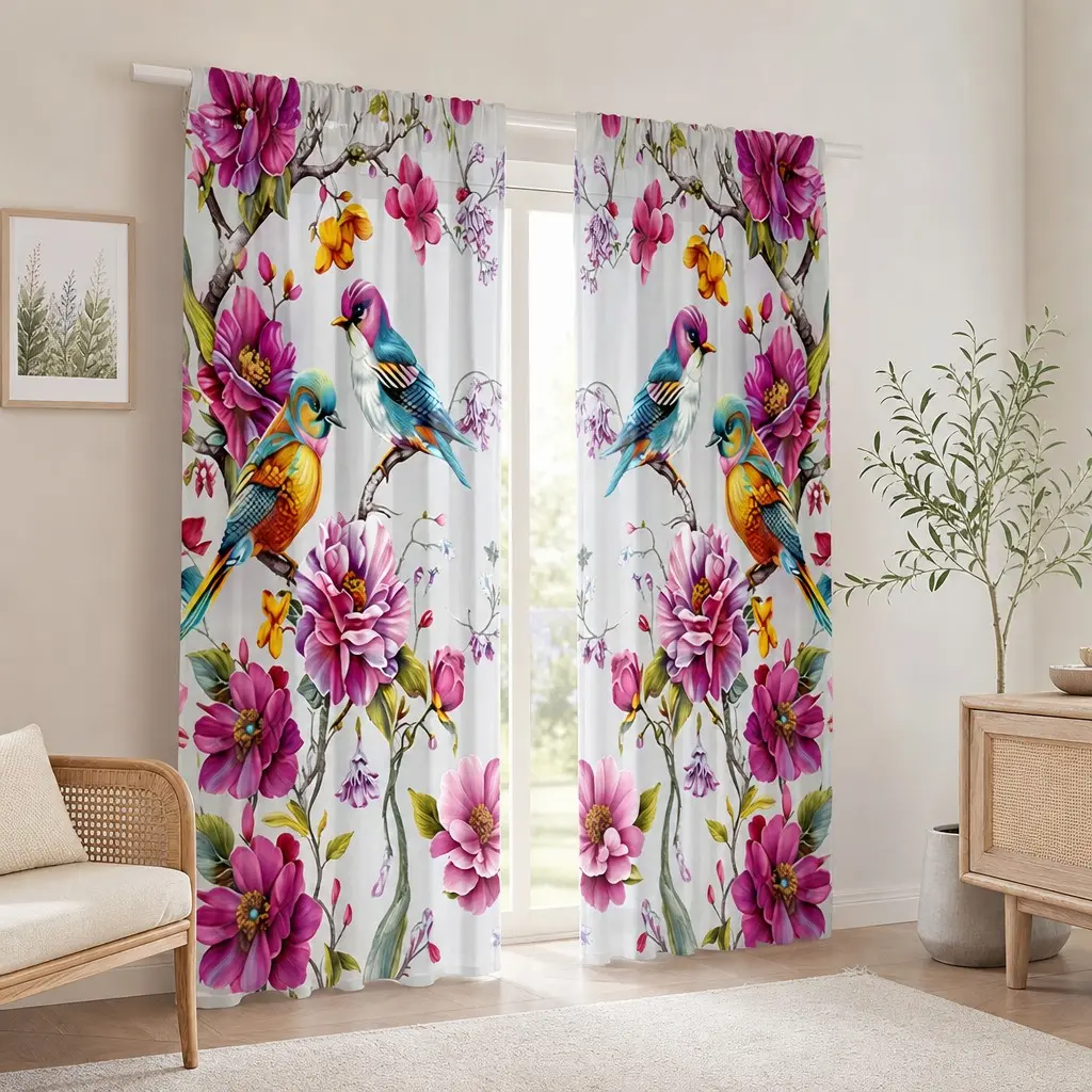 2-Pack Vintage Floral Bird Curtains, Semi-Transparent, Oriental Garden Theme, Bedroom Living Room Decor, Peony Design