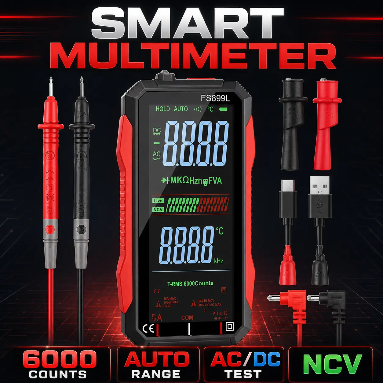 Multi-Function Digital Electrical Tester with 6000 Counts, USB Rechargeable Design, Large LCD Screen, Auto-Ranging AC/DC Voltmeter, NCV Live Detection, Capacitance and Resistance Measurement