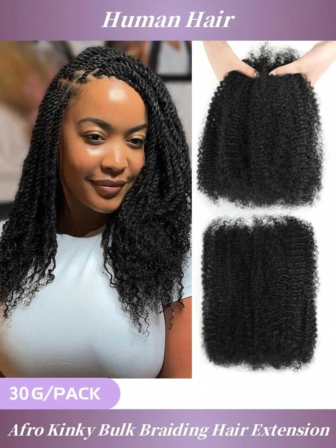 Afro Kinky Bulk Human Hair Bundles, 30g Per Pack, 8-22 Inches, Ideal for Boho Twists Braids, Dreadlock Extensions, Locs Repair