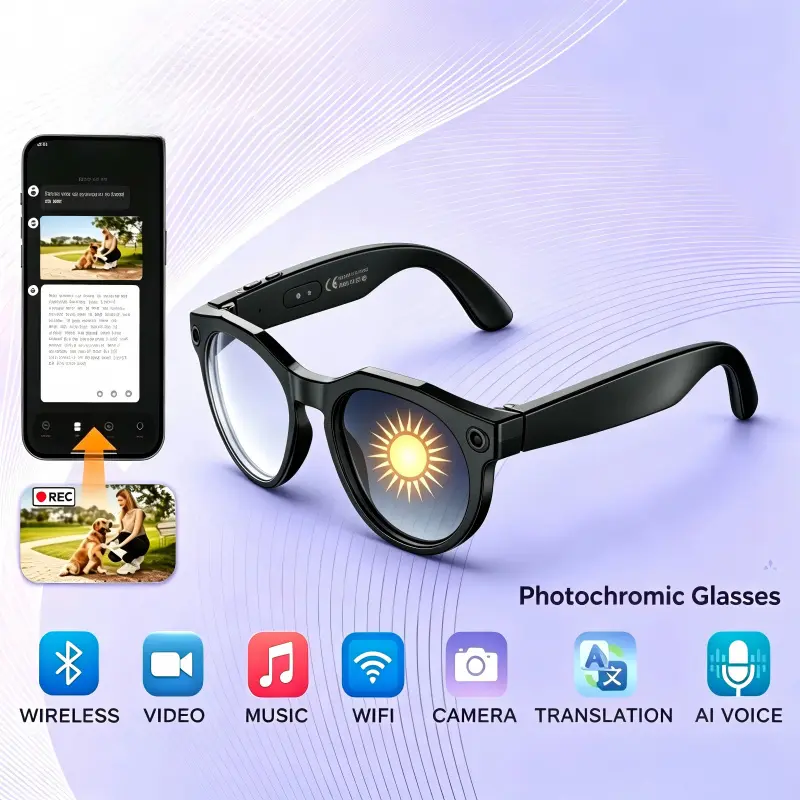 The photosensitive lens automatically changes depth according to the light, and the black frame intelligent color changing glasses integrate AI translation, high-definition 8-megapixel camera, and voice assistant. They can easily translate daily commuting
