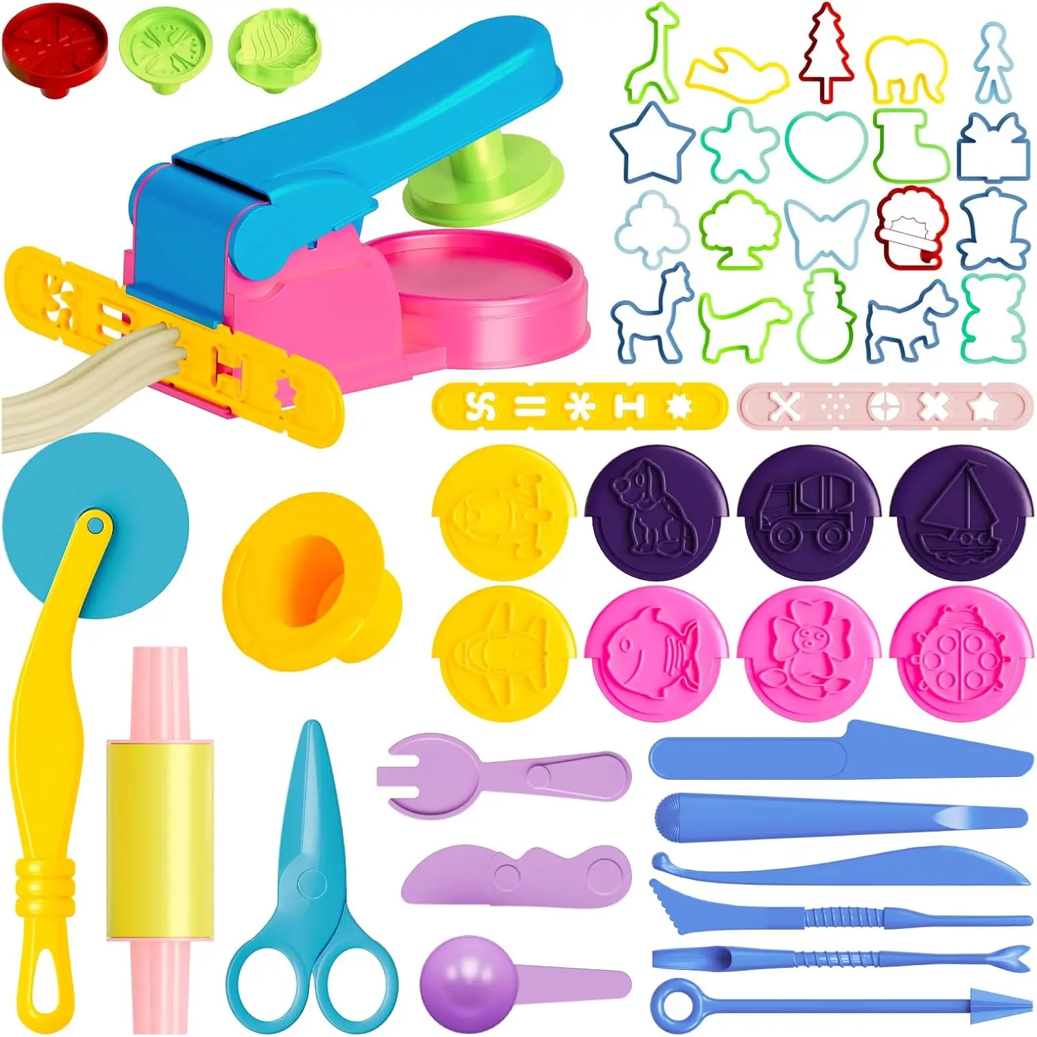 Dough Tools for Kids, 46Pcs Dough Toys Sets Playdough Accessories Include Play Food Molds - Cupcakes, Ice Cream, Noodle, Play Bulk Pack with Roller, Cutters, Scissor, DoughMat and Storage Bag Giftsfidget toys