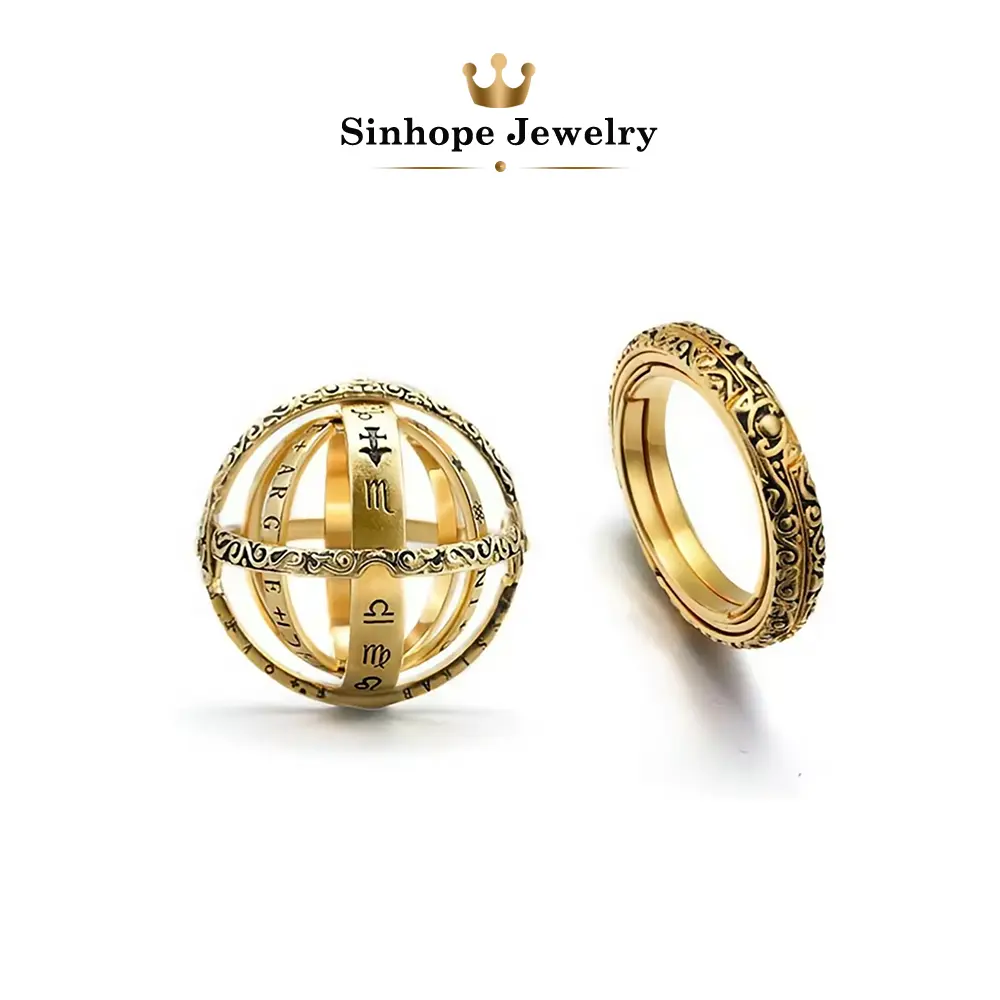 Rotatable Astronomical Sphere Ring, Vintage Gold Foldable Armillary Sphere Ring with Zodiac Symbols, Retro Engraved Globe Ball Ring, Unique Transformable Cosmic Jewelry Gift for Men Women