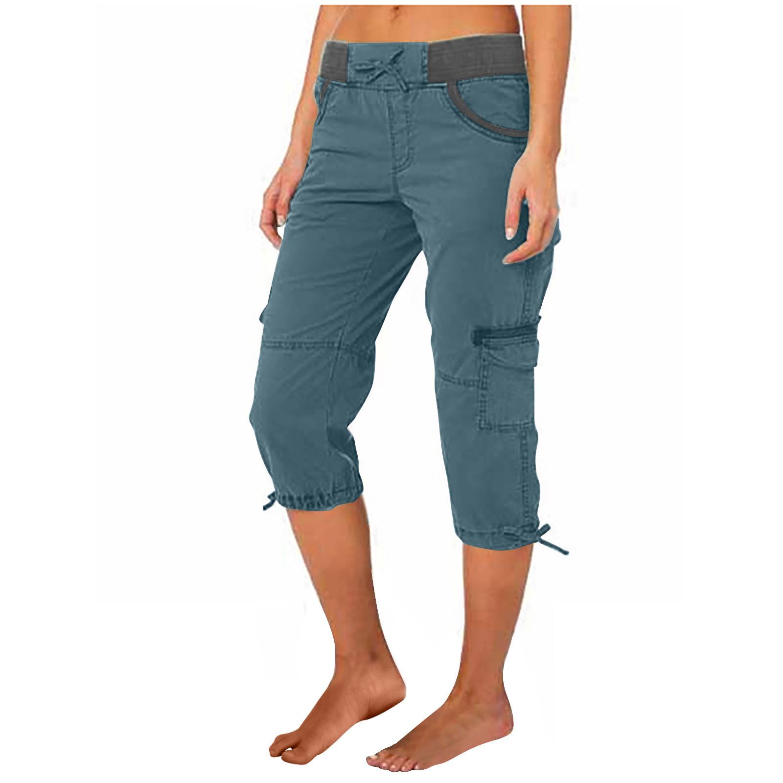 Women Cargo Capris Soild Casual Pants With Pocket Drawstring Outdoor Hiking Pants Women'S Slacks Thin Streetwear Tops Chic White Womenswear Bottom Comfort Basic