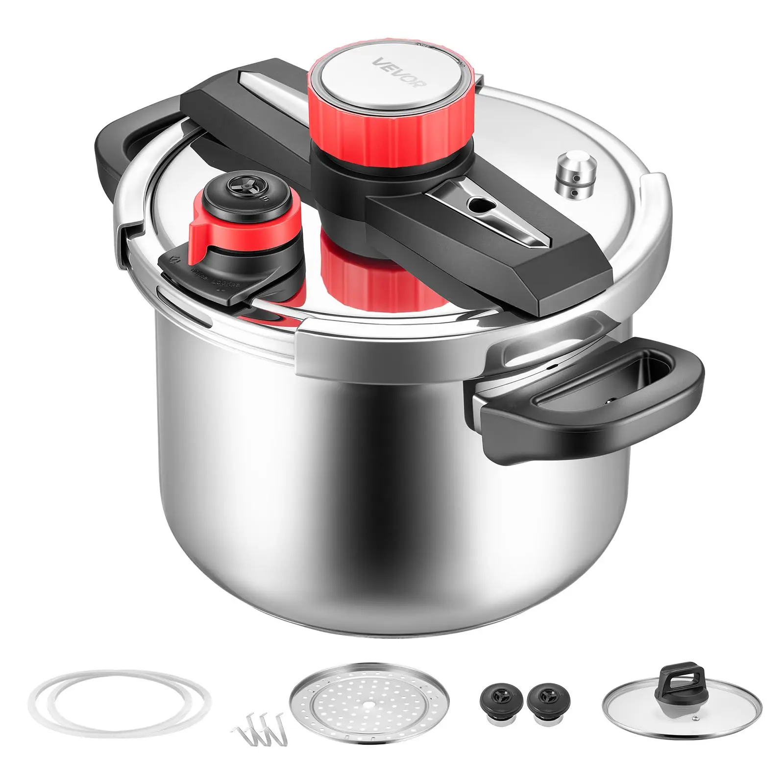 【Summerfinds】VEVOR Pressure Cooker, 6.3Qt Pressure Cooker Stainless Steel, Pressures Canner with Steaming Rack, Tempered Glass Lid, Three Pressures Settings for Meat, Beans, Rice, Soup, Sauces, Cook up to 100 kPa