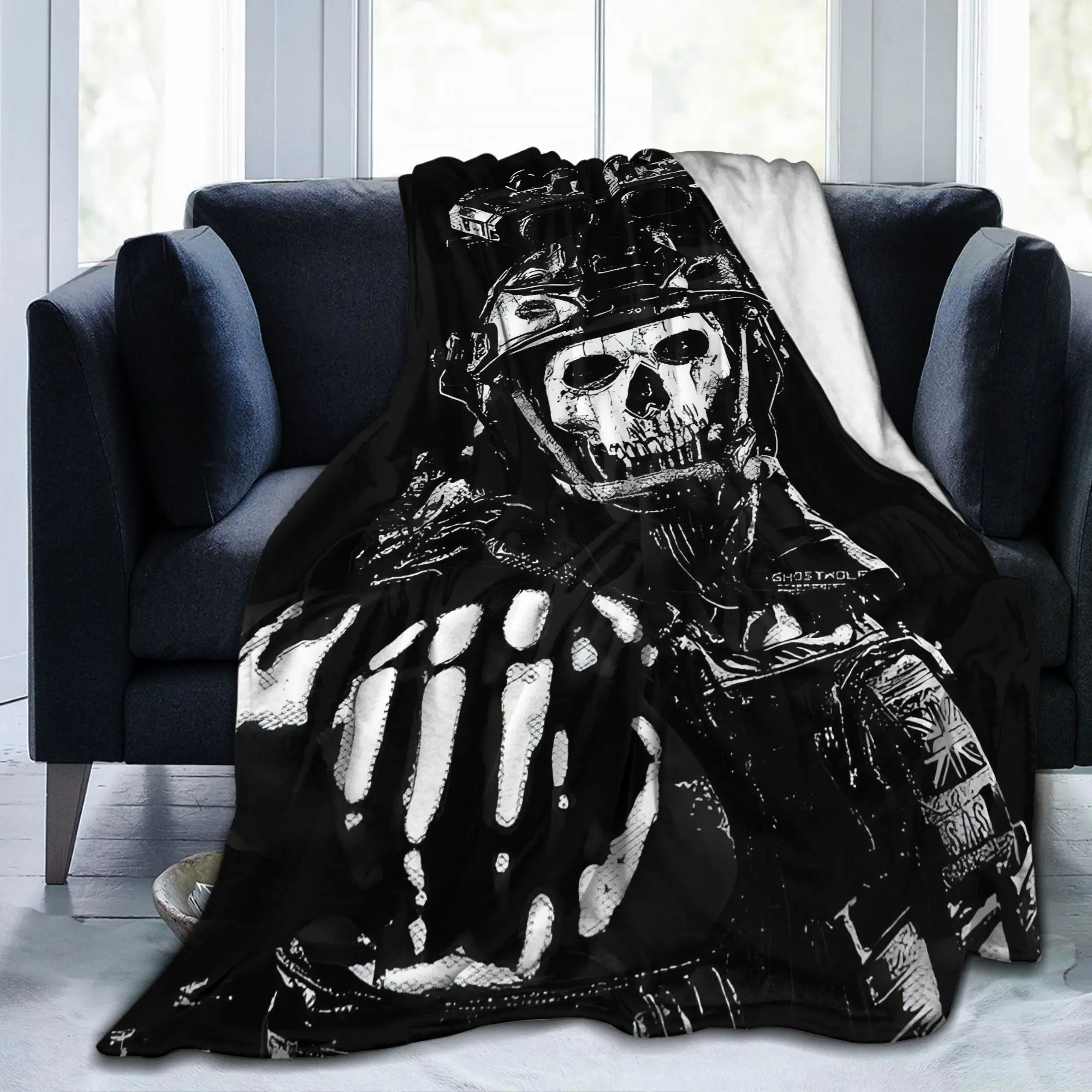 COD Ghost Reaper Fleece Blanket - Digital Print Featuring Skulls And Tactical Gear, Black And White Gaming Theme, Soft Shawl for All Seasons, Durable Sofa Bed Cover for Home Use, Perfect for Napping