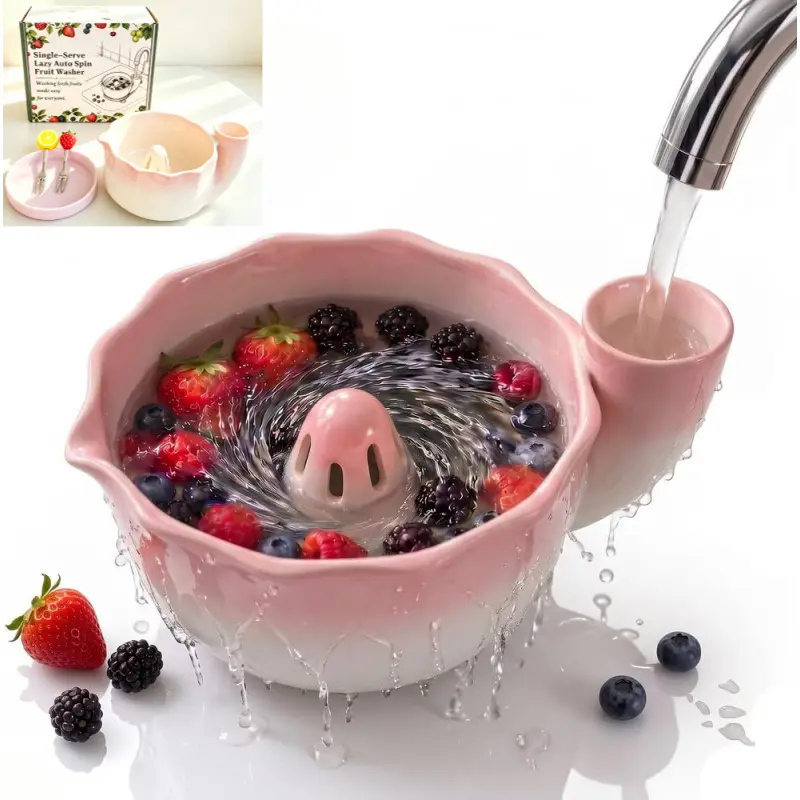 Self Spinning Berry Washing Ceramic Bowl,Swirling Berry Bowl with 360 Degrees Swirl Colander,Ceramic Berry Washing Bowl for Strawberries, Blueberries, Grapes, Cherry Tomatoes