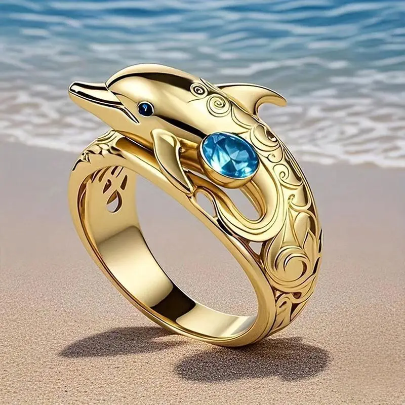 Chic Dolphin Design Finger Rings for Women Ocean Animal Rings with Blue Cubic Zirconia Gifts Daily Wear Fashion Jewelry