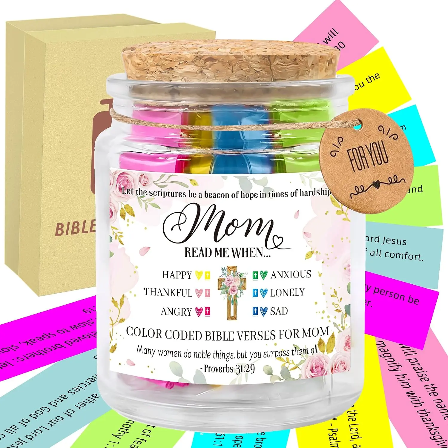 Verse Jar for Mom, Mom Gifts from Daughter Son, 90 Color Coded  Verses in a Jar, Inspirational Christian Faith Based  Day Christmas Birthday Gifts for Women