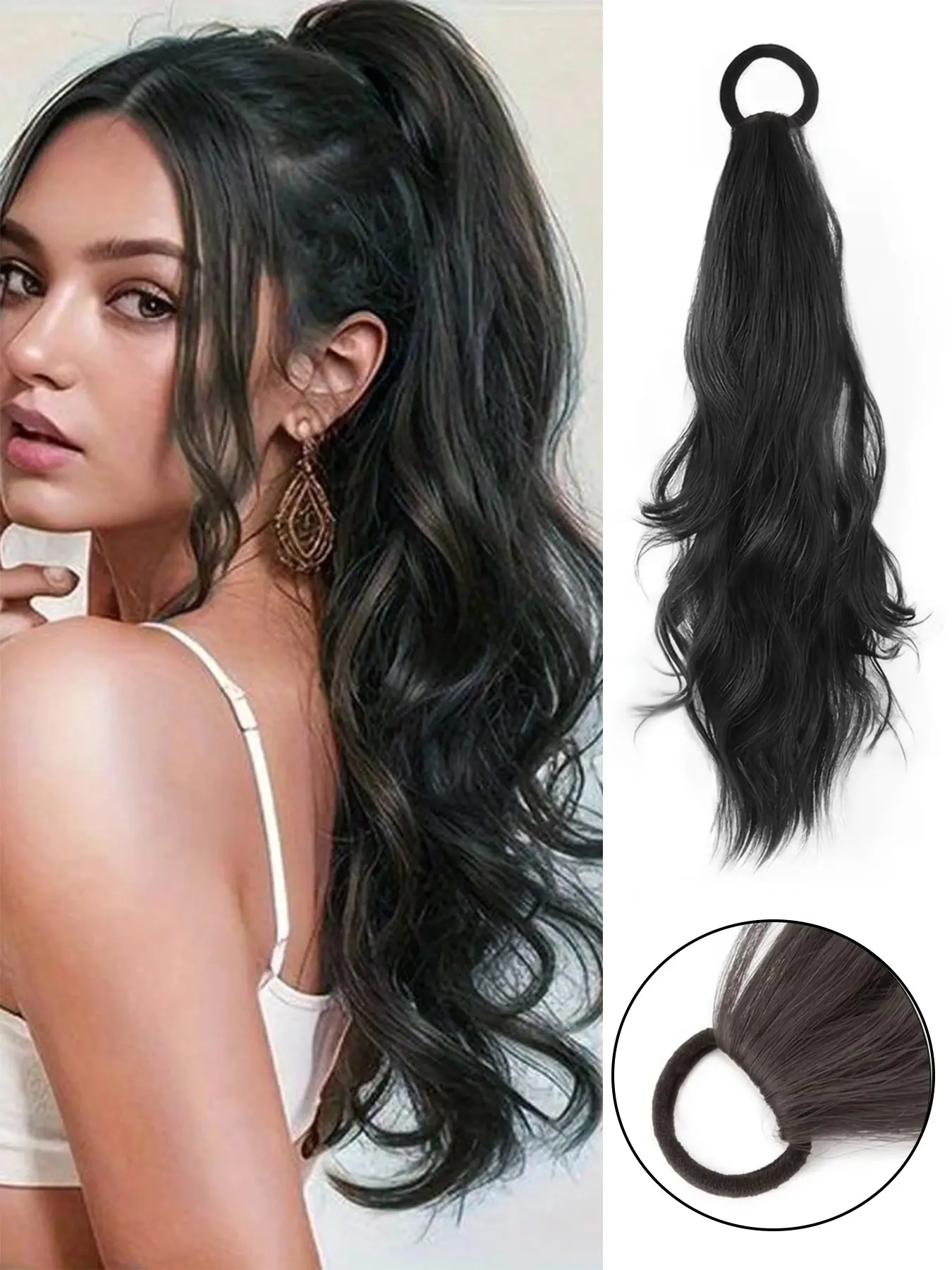 1 pc Ponytail Extensions with Rubber Bands, 18 Inch Wavy Curly Hairpieces for Women, Synthetic Ponytail Extensions Elastic Band Hair Pieces for Daily Use, Ponytail Extension with Rubber Band, Hair Tie Ponytail Extension