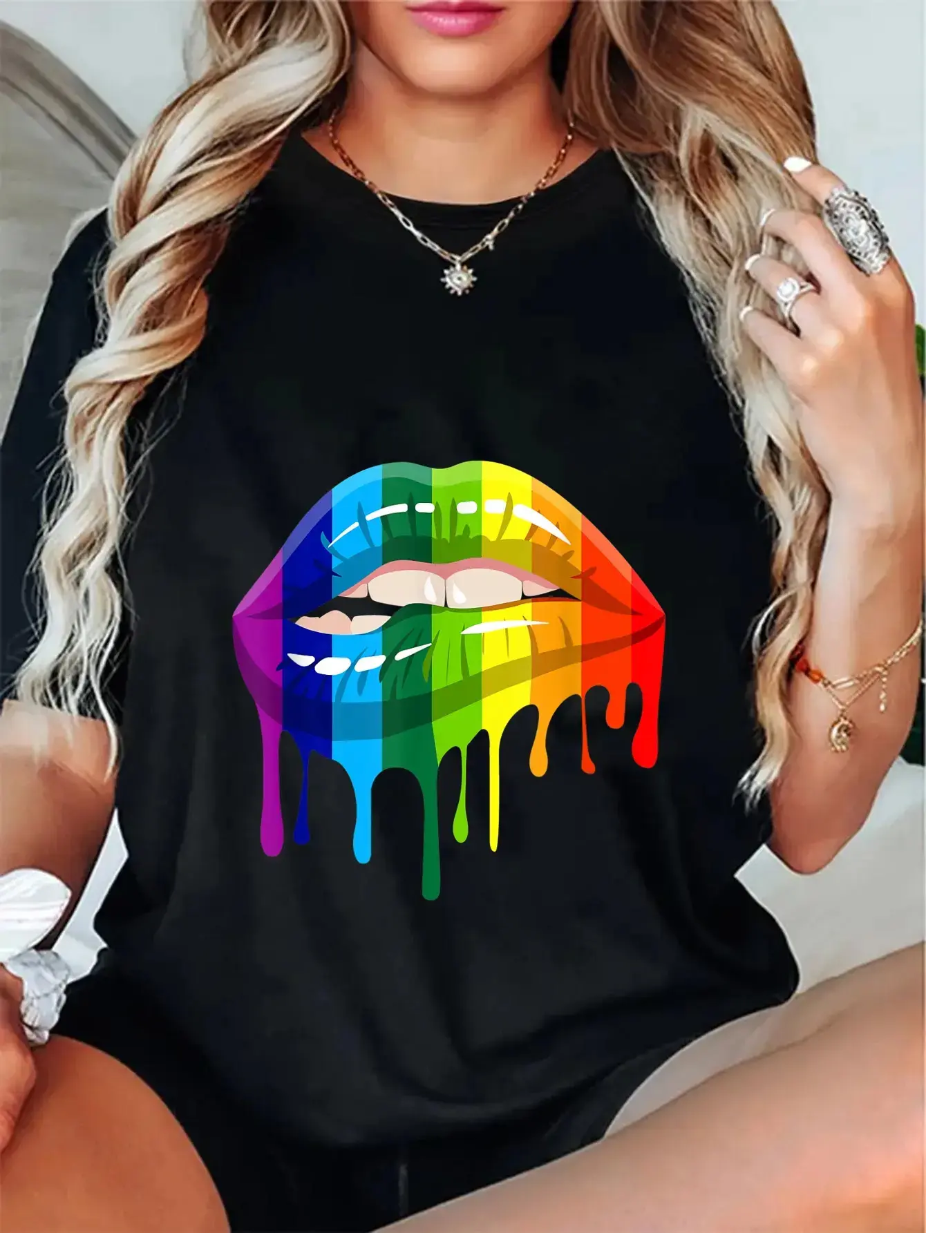 LGBT Rainbow Lip Gay Pride Short-Sleeve Round Neck Casual Streetwear Sports Top, Shortsleeve, Tshirt