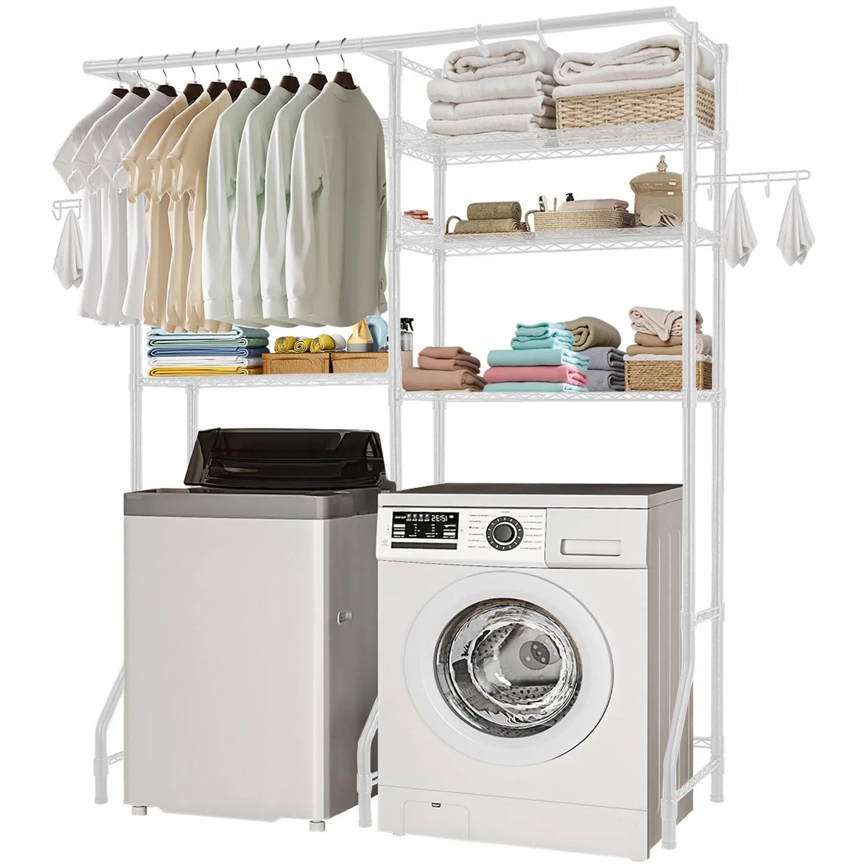 VEVOR Over Washer and Dryer Storage Shelves, 6 Tiers Laundry Room Drying Rack with Hanger Rod and Hooks, Two Rows Adjustable Washer Shelves Space Saver, for Laundry Room Storage Organization, White