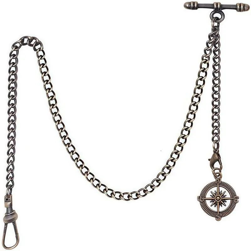 Pocket Watch Chain Double Albert Chain T-Bar Watch Chain with Compass Rudder Pendant Bronze