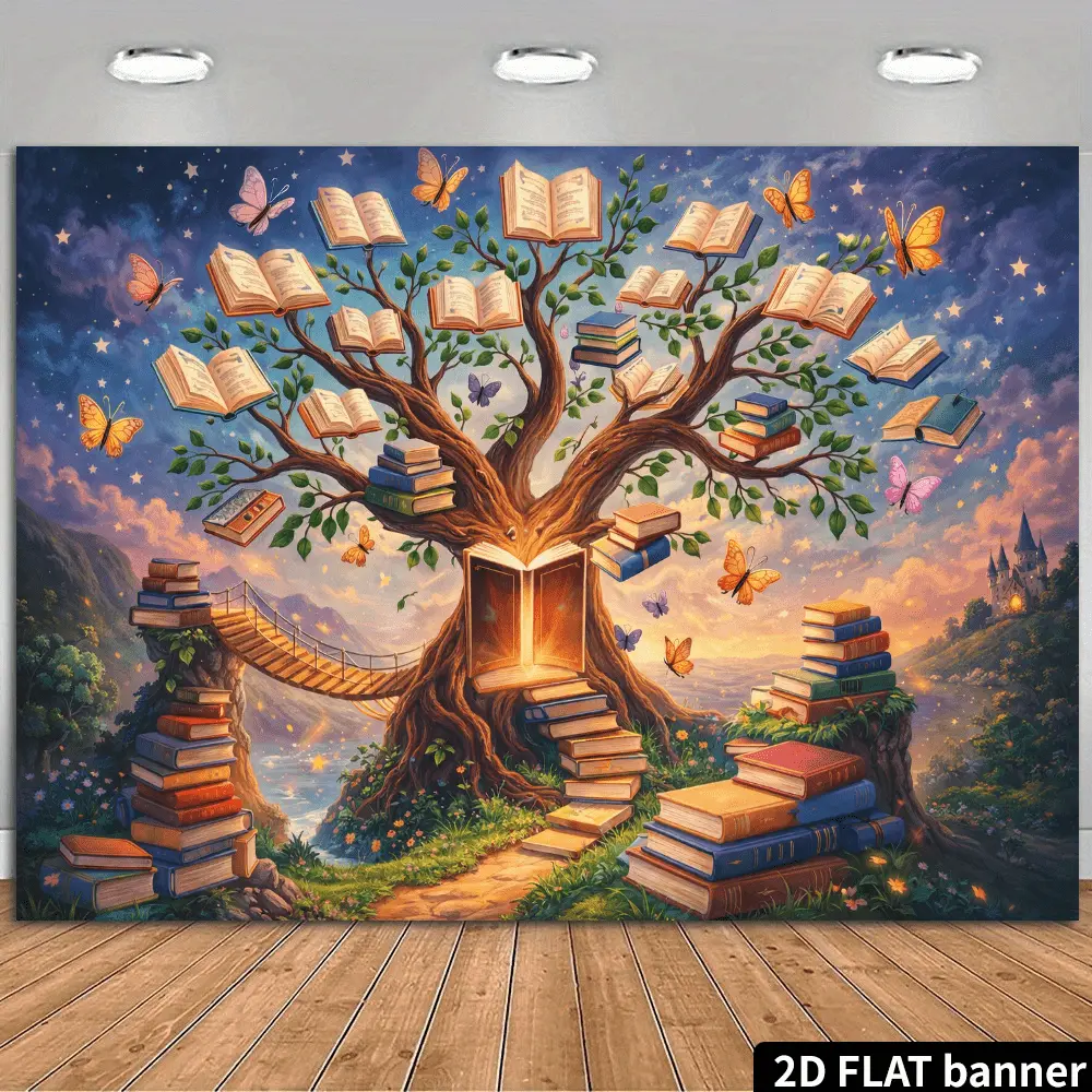 Fantasy Book Tree Castle Backdrop with Glowing Book Door and Butterfly Design for Reading Events and Classroom Decor