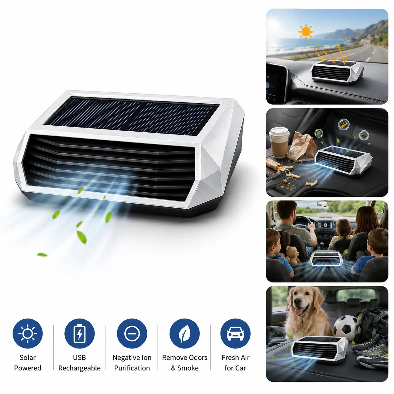 Solar Car Air Purifier, USB Rechargeable Portable Ionizer, Odor Remover for Smoke, Pet Smell & Fresh Air Cleaner for Car Interior#SummerVibes