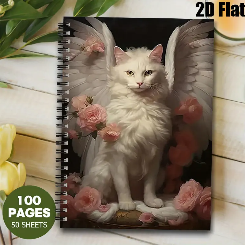 1 Angel Cat Spiral Notebook 5.7X8.26 inch, Cute Kitten Design Journal with White Wings & Pink Roses, Perfect for Daily Notes, Travel Journal, School Supplies, Birthday Gift for Cat Lovers, Kids & Girls [2D] Flat
