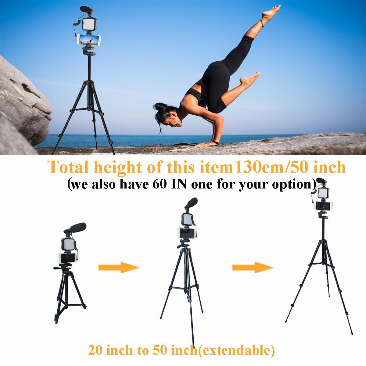 Smartphone Video Kit, Vlogging Kit with Microphone Light Tripod, 50 Inch Extendable Phone Clip Remote Control Compatible with iPhone/Smartphone/Cameras