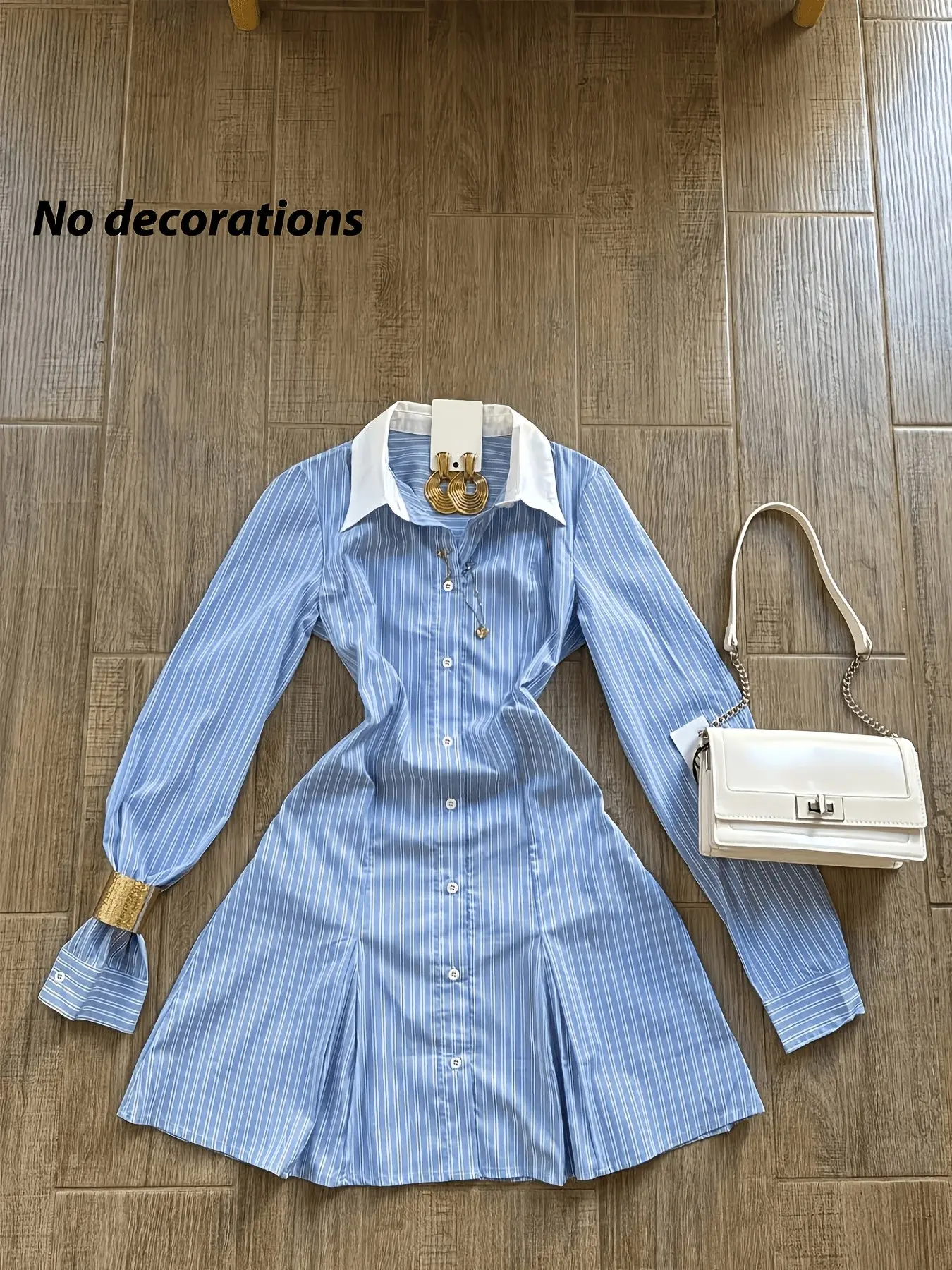 Blue Striped Waistcoat Shirt Dress, Lightweight Office Style Slimming Collar A-Line Short Skirt, Daily Wear Two-In-One Women Long Sleeve