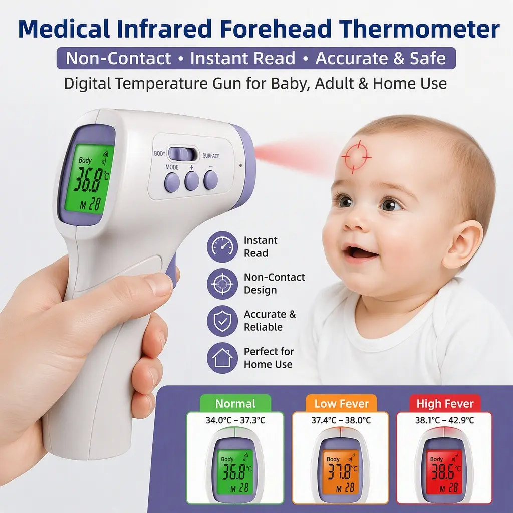 Medical Non‑Contact Infrared Forehead Thermometer, Digital Instant‑Read Temperature Gun, Electronic Body Thermometer for Baby, Adults, Indoor Household Use