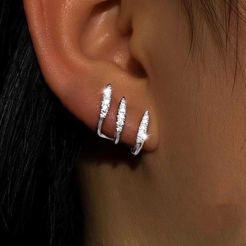 925 Silver Geometric Stud Earrings with Cubic Zirconia, Sparkling 3-Prong Design, Hypoallergenic Unisex Ear Jewelry, Jewelry for Daily Wear & Parties, Elegant Daily & Party & Graduation Gift for Men & Women