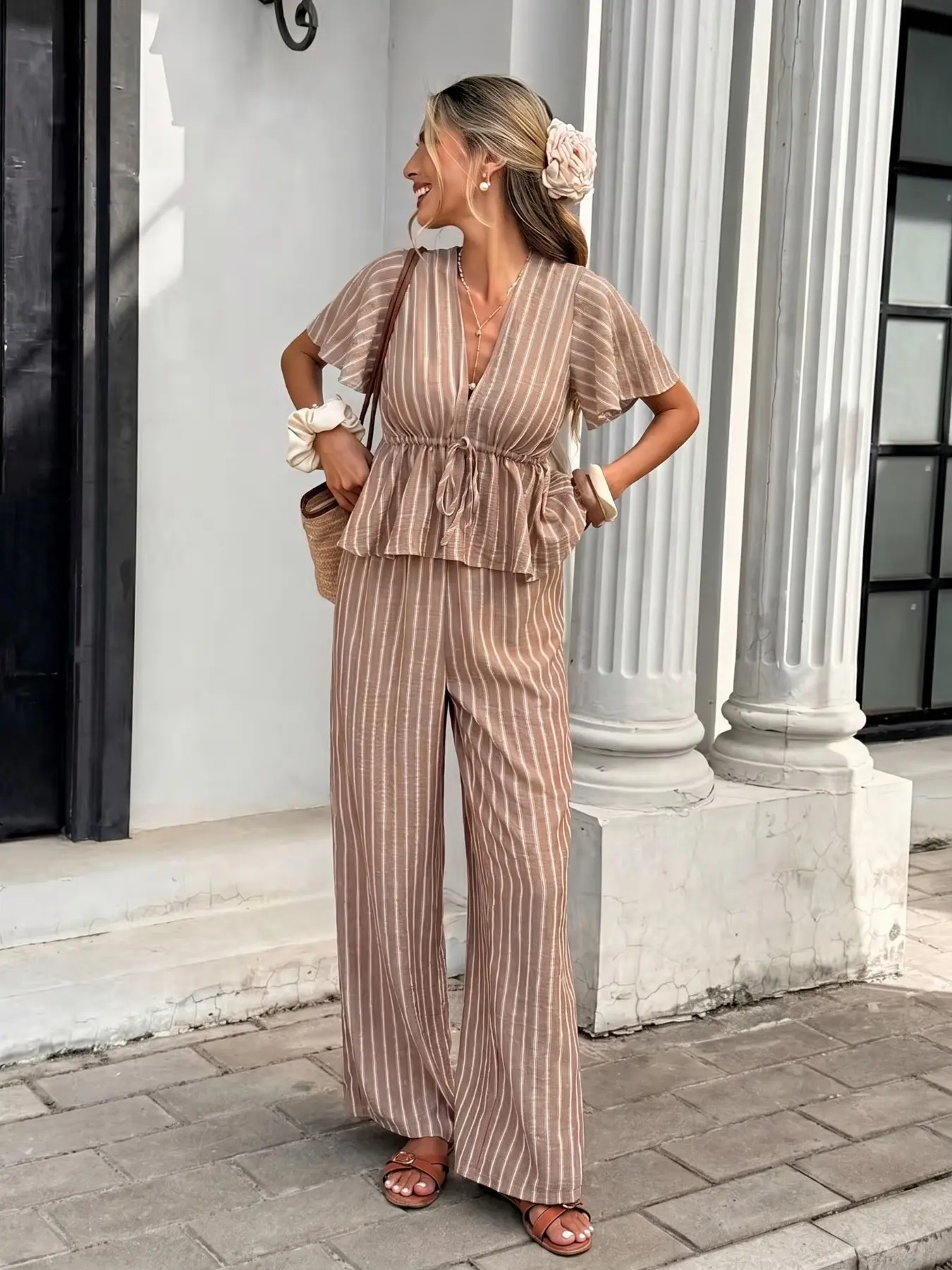Women's Summer Striped Print Short Sleeve Set, Waist Cinched Top with Pockets, Loose Fit Pants, Elastic Waist, Casual & Commute Wear, Beach Vacation Style Clothes