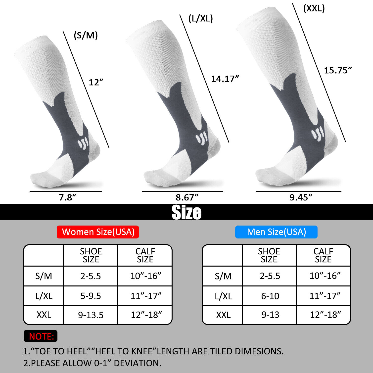 3 Pairs Sport Compression Socks for Men Women Knee High Calf Leg Athletic Support 20-30 mmHg Nylon Cotton Moisture Wicking Gift for Joggers Athletes