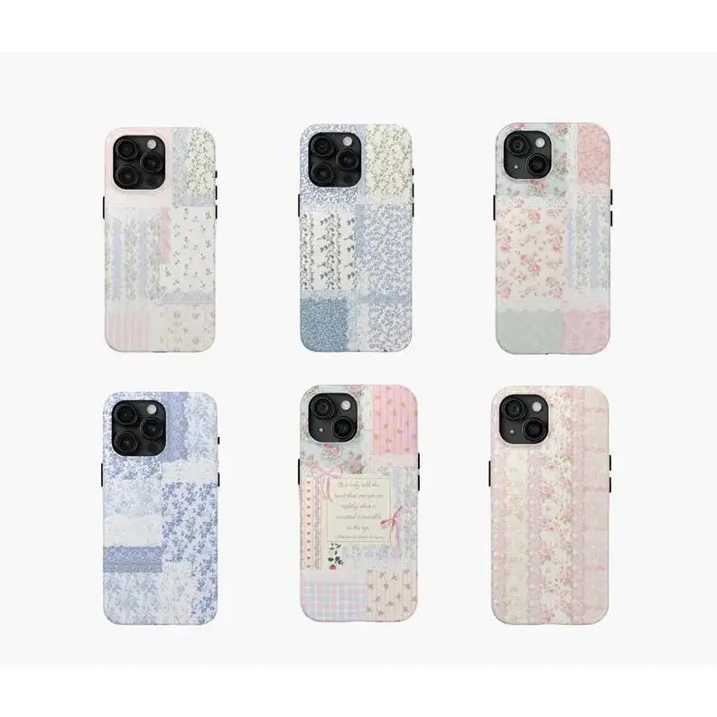 Coquette Patchwork Plastic Phone Case (4-7.9 in) - Polycarbonate-TPU Slim Hybrid, Vintage Elegant Aesthetic, Flower Lace Toile Prints, Durable Shock-Absorbing Impact Resistant Protection, Wireless Charging Compatible for iPhone 14/15 Pro Max (Blue, Pink)