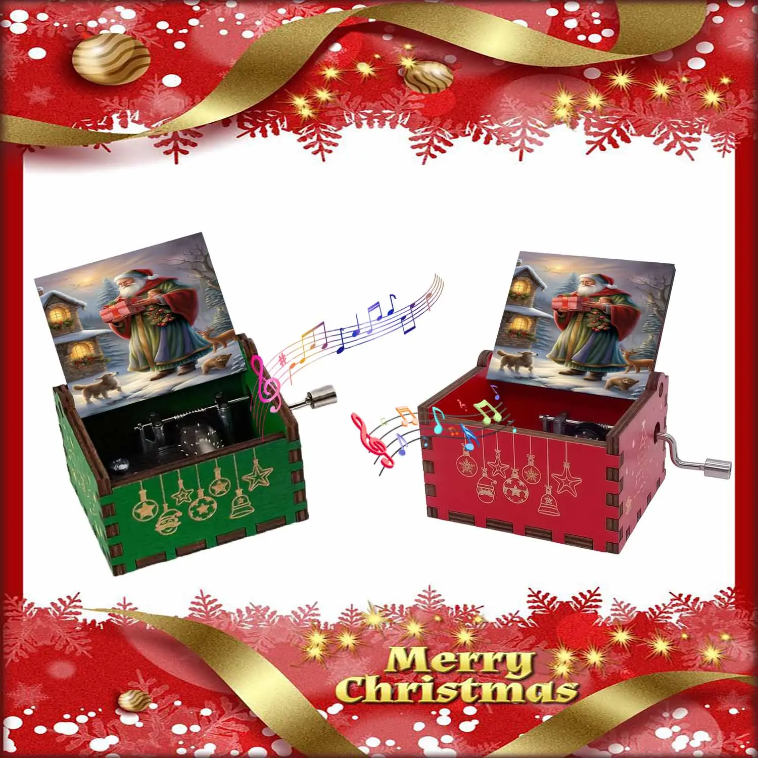 1pc Vintage Wooden Hand-Cranked Music Box, Magical Santa with Festive Gifts pattern, Christmas Gift for Family and Friends, Ideal for Birthdays, Christmas gifts, New Year's gift, Home Decor Item