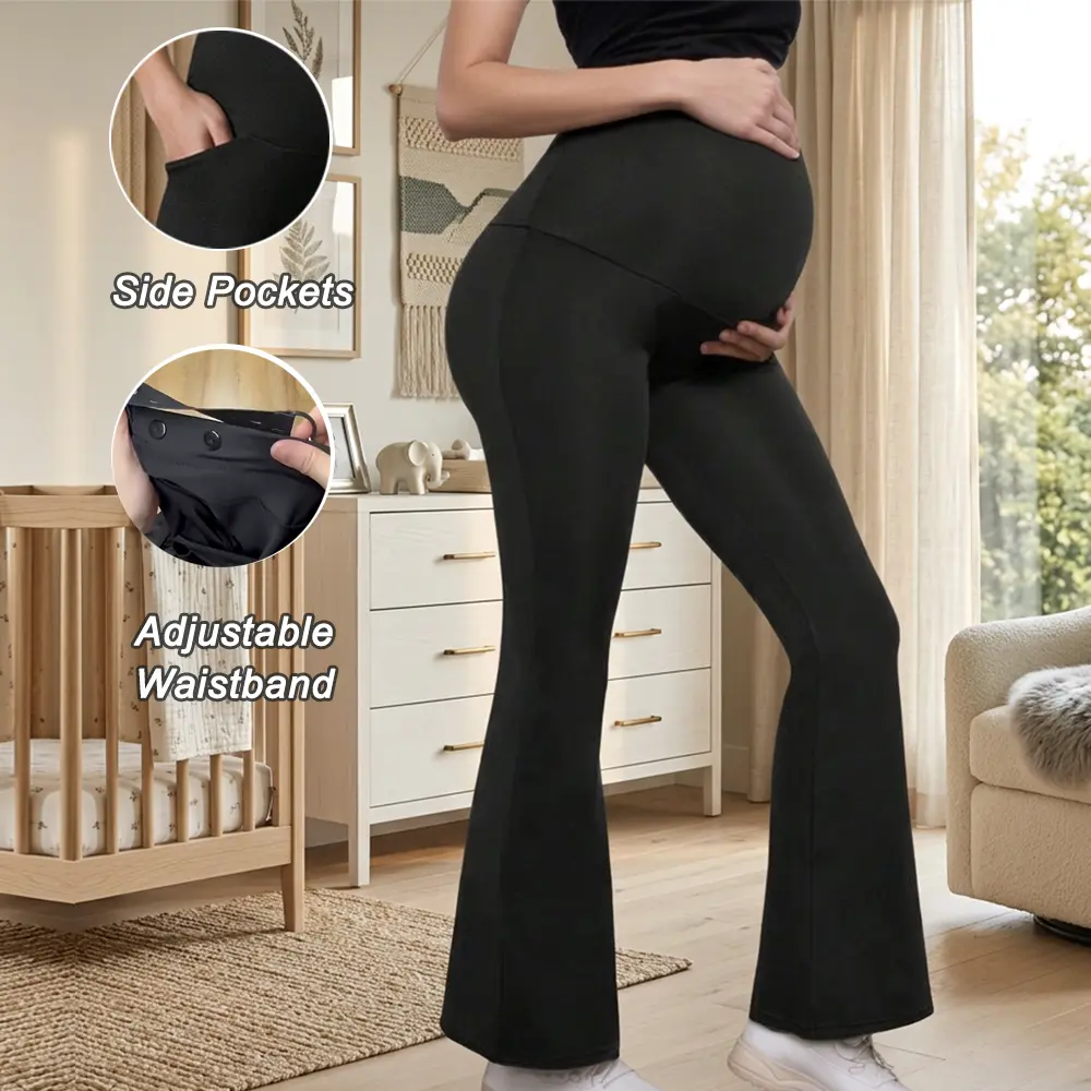 Maternity Flare Pants Over the Belly, Adjustable Waistband Pregnancy Bootcut Yoga Lounge Pants with Pockets Maternity Flared Trousers Active Elastic Over-Belly Pregnancy Pants for Lounging & Work clothing apparel campingessentials