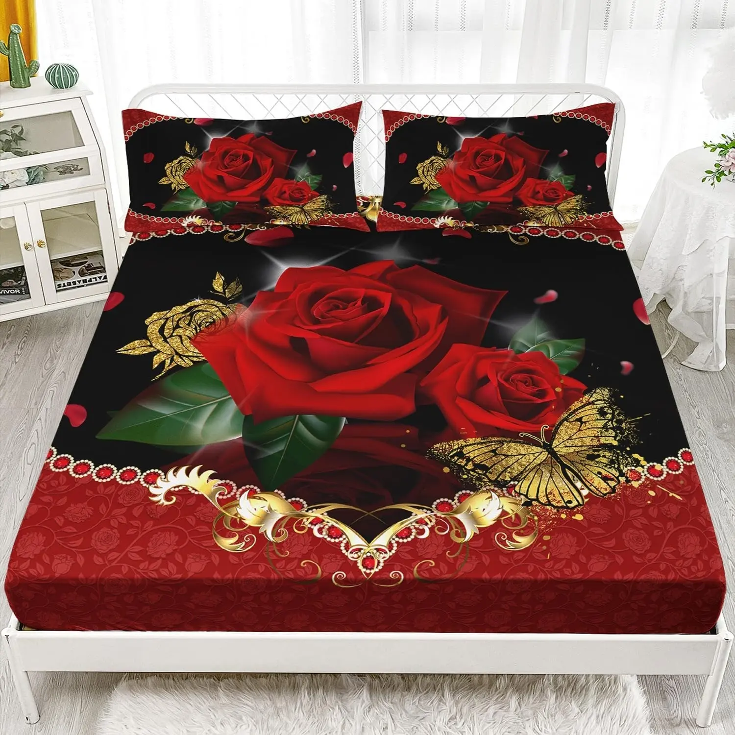 Rose Print Bed Sheet Set Large, Rose Bed Sheet, 2D Butterfly Pattern, 3-Piece Set, Includes 1 Mattress Cover and 2 Pillowcases, All Seasons Use