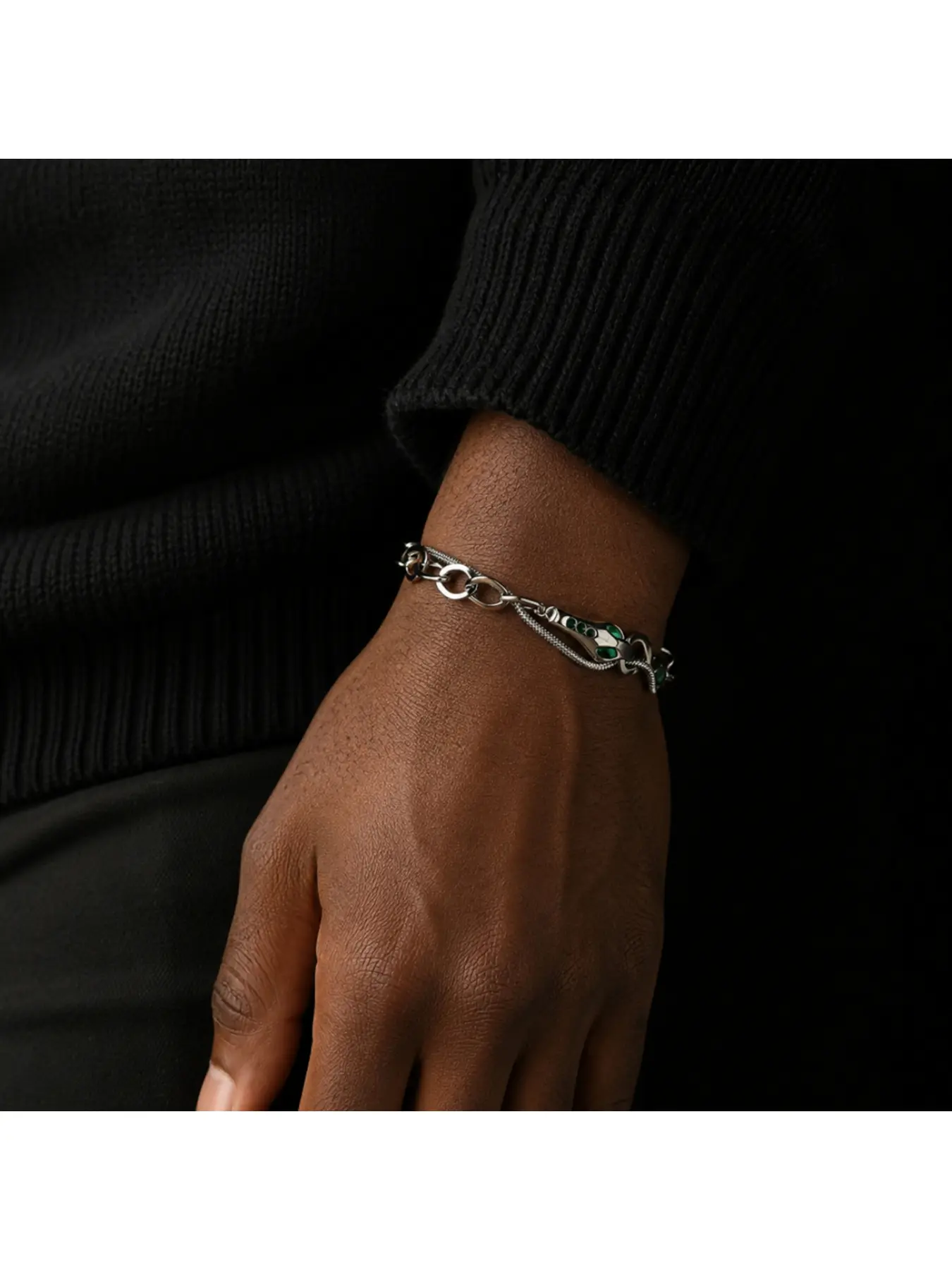 Men Dual Layer Snake Head Bracelet | 316L Stainless Steel Adjustable Extension Chain | Green Emerald Eyes Gothic Punk Animal Wrist Casual Trendy Jewelry Gift for Guys